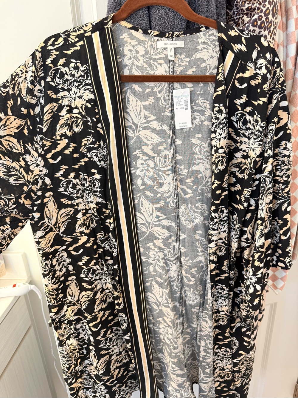 Maurices Black Floral Open-Front Duster with Cream Accents